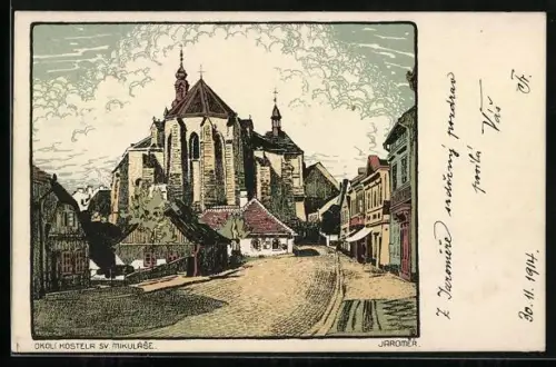 Künstler-AK Jaromer, Okoli Kostela Sv. Mikulase