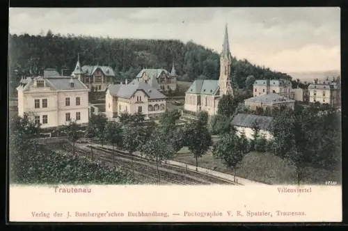AK Trautenau, Villenviertel mit Kirche