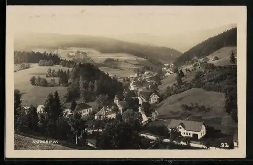 AK Niederhof, Totalansicht mit Fernblick aus der Vogelschau