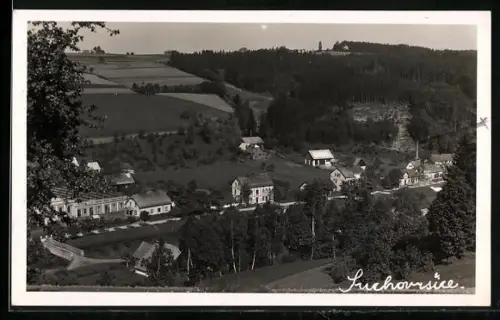 AK Suchovrsice, Ortsansicht mit Brücke aus der Vogelschau
