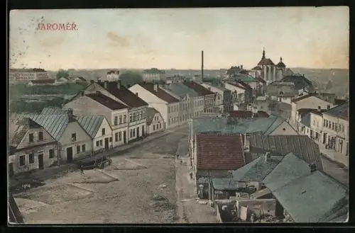 AK Jaromer, Strassenpartie mit Kirche aus der Vogelschau