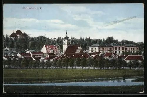 AK Chlumec n. C., Ortspanorama mit Gewässer