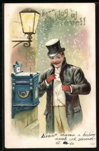 AK Mann steckt einen Brief in einen verschneiten Briefkasten, Boldog uj évet!