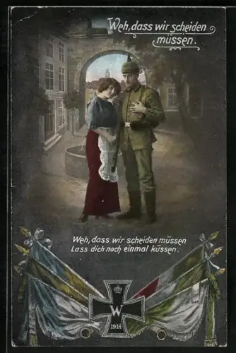 AK Soldat nimmt Abschied von seiner Geliebten, Weh, dass wir scheiden müssen, Eisernes Kreuz
