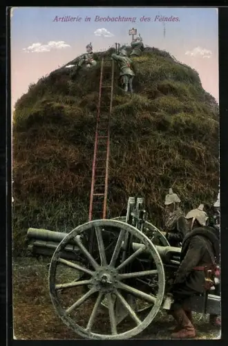 AK Das Deutsche Heer, Artillerie in Beobachtung des Feindes von einem Heuhaufen