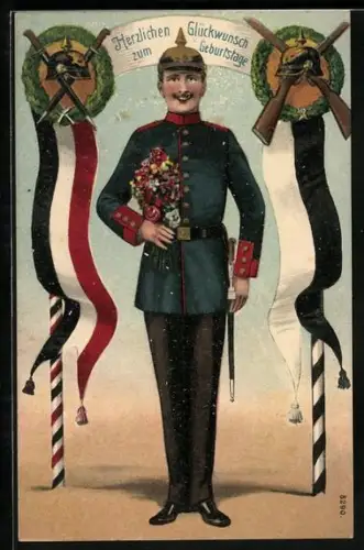 AK Deutscher Soldat als Gratulant, Geburtstagsgruss, Fahnen, Waffen