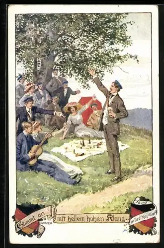 Künstler-AK Ernst Kutzer: Stimmt an mit hellem hohen Klang, Studenten bei Picknick im Grünen