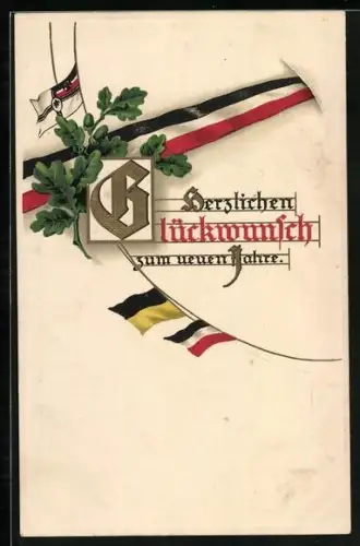 AK Neujahrsgruss, Eciehnlaub und Flaggen des Zweibunds