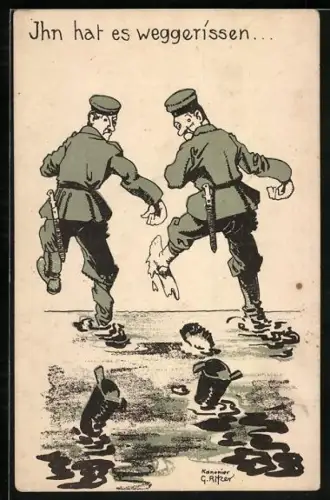 Künstler-AK Soldatenhumor, Ihn hat es weggerissen, Soldaten-Stiefel bleiben im Morrast stecken