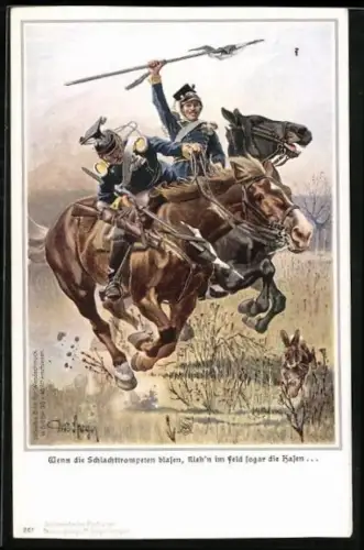AK Wenn die Schlachttrompeten blasen, flieh`n im Feld sogar die Hasen, Kavalleriesoldaten in Uniformen