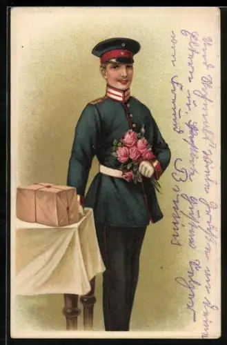 Präge-AK Soldat als Gratulant mit Rosen und Paket