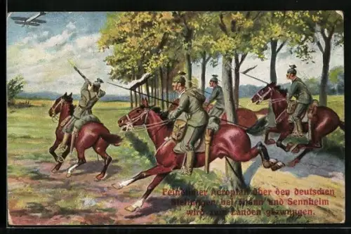 AK Deutsche Kavallerie, auf Flugzeug schiessend, Ulan