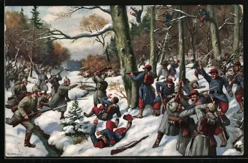 Künstler-AK Kämpfe im Argonnenwald