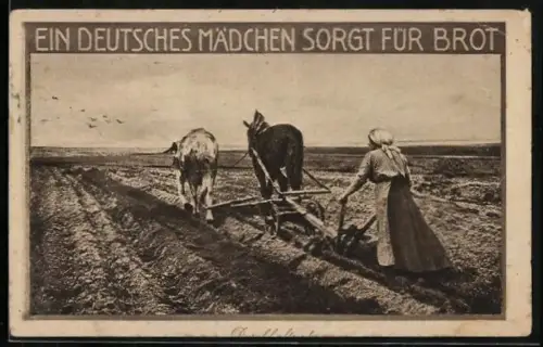 AK Ein deutsches Mädchen sorgt für Brot, Frau auf dem Acker beim Pflügen, Durchhalten!