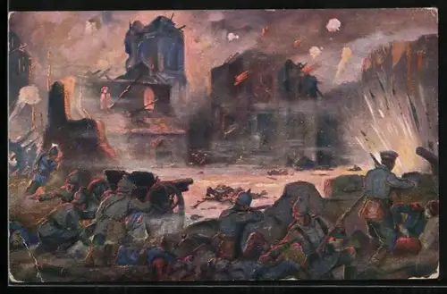 Künstler-AK Häuserkampf in französischer Stadt