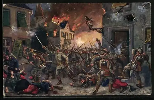 Künstler-AK Mülhausen, Strassenkampf, 1. Weltkrieg 1914, Schlacht, brennende Häuser, Soldaten