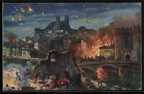 Künstler-AK W. Bürger: Beschiessung von Verdun durch die kaiserliche Armee