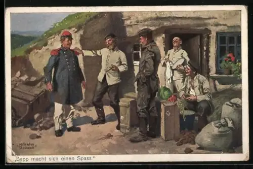 Künstler-AK Sepp macht sich einen Spass, deutscher Soldat überrascht Kameraden mit französischer Uniform
