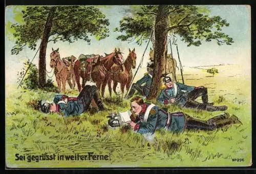 Künstler-AK Ulanen einer Patrouille bei der Rast