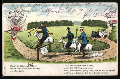 AK Soldaten der Reserve reiten auf Hammeln in die Heimat, Soldat fällt an der 700 Tage Hürde, Kaserne mit Wachposten