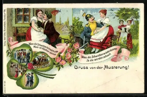 Lithographie Gruss von der Musterung, Mann kehrt als Ulane vom Wehrdienst zurück, Kleeblatt