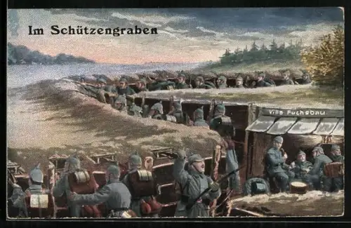 AK Soldaten im Schützengraben Villa Fuchsbau mit Gewehr in Feuerstellung