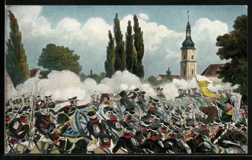 Künstler-AK Schönefeld, Soldaten in Kämpfen um Schönefeld, Die Russen undter Langeron..., Befreiungskriege