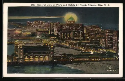 AK Atlantic City, NJ, Genera View of Piers and Hotels by Night