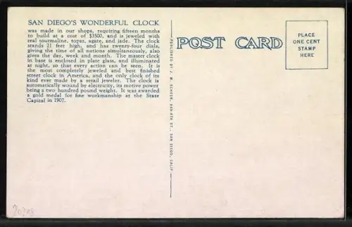 AK San Diego, CA, San Diego`s Wonderful Clock, J. Jessop & Sons