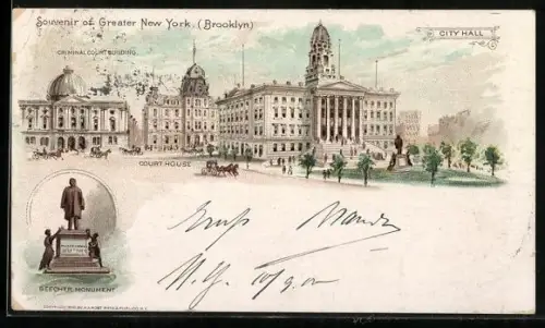 Lithographie New York /Brooklyn, NY, Criminalcourt Building, City Hall, Court House