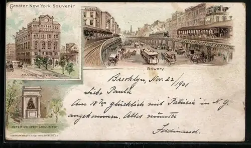 AK New York, NY, Bowery, Peter Cooper Monument, Cooper Institute