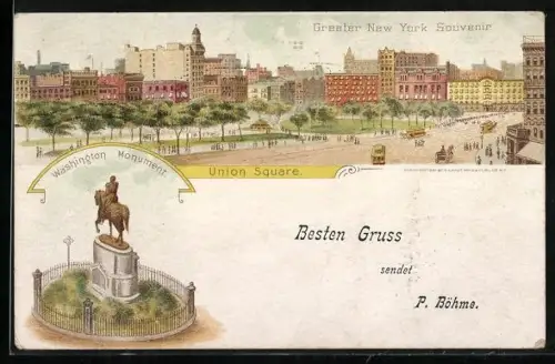 Lithographie New York, NY, Union Square, Washington Monument