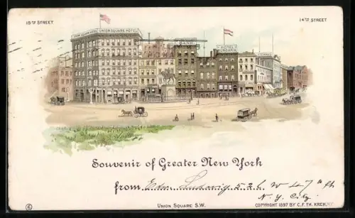 Lithographie New York, NY, 15th Street, 14th Street, Union Square Hotel