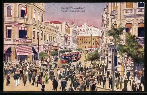 Künstler-AK Rio de Janeiro, Rue de l`Assemblée, Strassenbahn