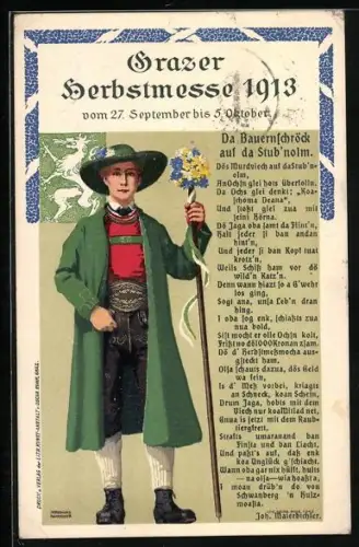 AK Graz, Herbstmesse 1913, Mann in Tracht mit Wanderstock