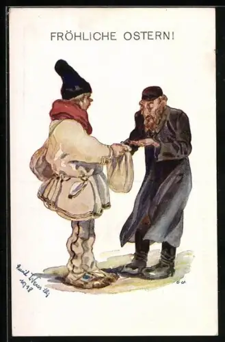 Künstler-AK Wolhynische Typen, Zwei Männer mit einem Säckchen, Fröhliche Ostern