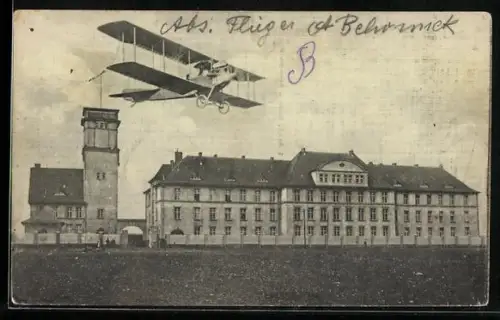 AK Posen, Flieger-Station Posen, Flugzeug vor dem Gebäude