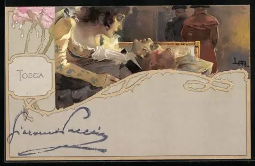 Künstler-AK A. E. Kennedy: Dame in gelbem Kleid lehnt über einem Mann, Tosca
