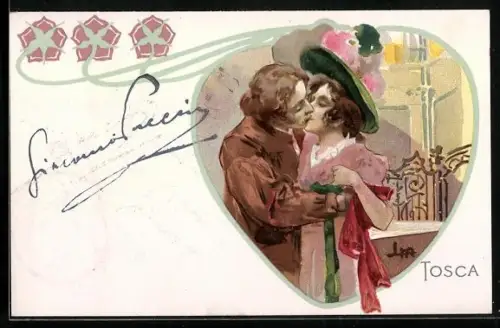 Künstler-AK A. E. Kennedy: Paar küsst sich in herzförmigem Rahmen, Tosca