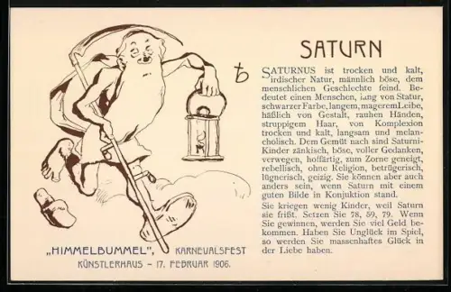 Künstler-AK Wien, Karnevalfest 1906, Saturn mit Sichel und Laterne im Jugendstil