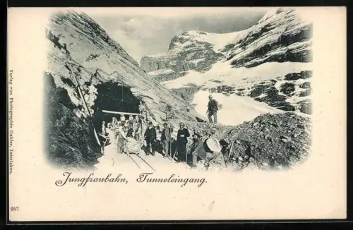 AK Jungfraubahn, Tunnelbau, Arbeiter am Tunneleingang