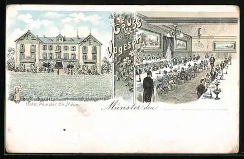 Lithographie Münster, Hotel Münster, Innen- und Aussenansicht