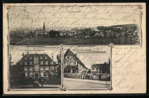 AK Blotzheim, Spezereihandlung von Emmanuel Kahn, Schloss von Salomon, Totalansicht