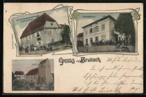 AK Brubach, Spezereihandlung und Gasthaus Ernest Uettwiller, Gemeindehaus und Kirche
