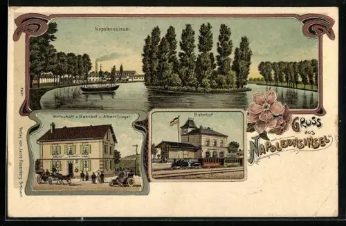 AK Mülhausen, Wirtschaft z. Bahnhof v. Albert Siegel, Bahnhof, Napoleonsinsel