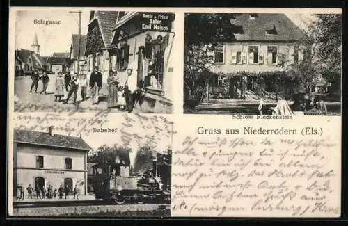 AK Niederrödern /Els., Bahnhof, Selzgasse mit Friseursalon Emil Meisch, Schloss Fleckenstein