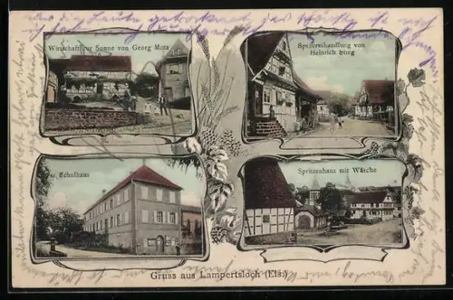 AK Lampertsloch /Els., Gasthaus zur Sonne, Bes. Georg Motz, Handlung von Heinrich Stieg, Schulhaus, Spritzenhaus