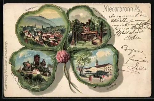 Lithographie Niederbronn i. E., Ruine Wasenburg, Kurbrunnen, Ruine Alt Windstein