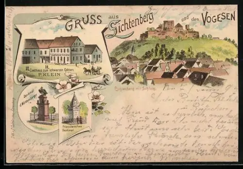 Lithographie Lichtenberg, Gasthaus zum schwarzen Ochsen, Bes. P. Klein, Denkmal d. Württemberger, Französisches Denkmal