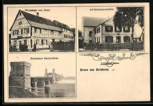 AK Beinheim, Gasthaus zum Stern, Alt-Beinheimermühle, Rheinbrücke